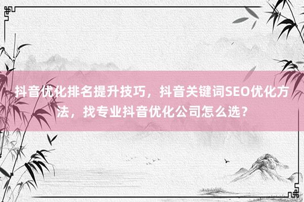 抖音优化排名提升技巧，抖音关键词SEO优化方法，找专业抖音优化公司怎么选？