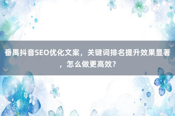 番禺抖音SEO优化文案，关键词排名提升效果显著，怎么做更高效？